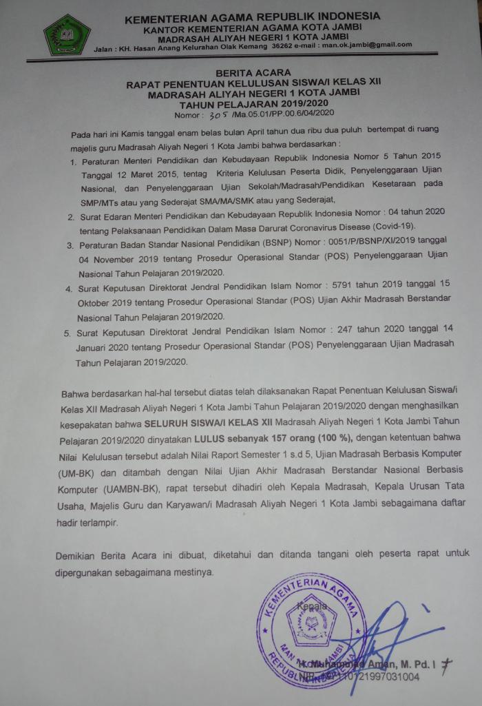 PENGUMUMAN KELULUSAN SISWA SISWI MAN 1 KOTA JAMBI TAHUN PELAJARAN 2019/2020
